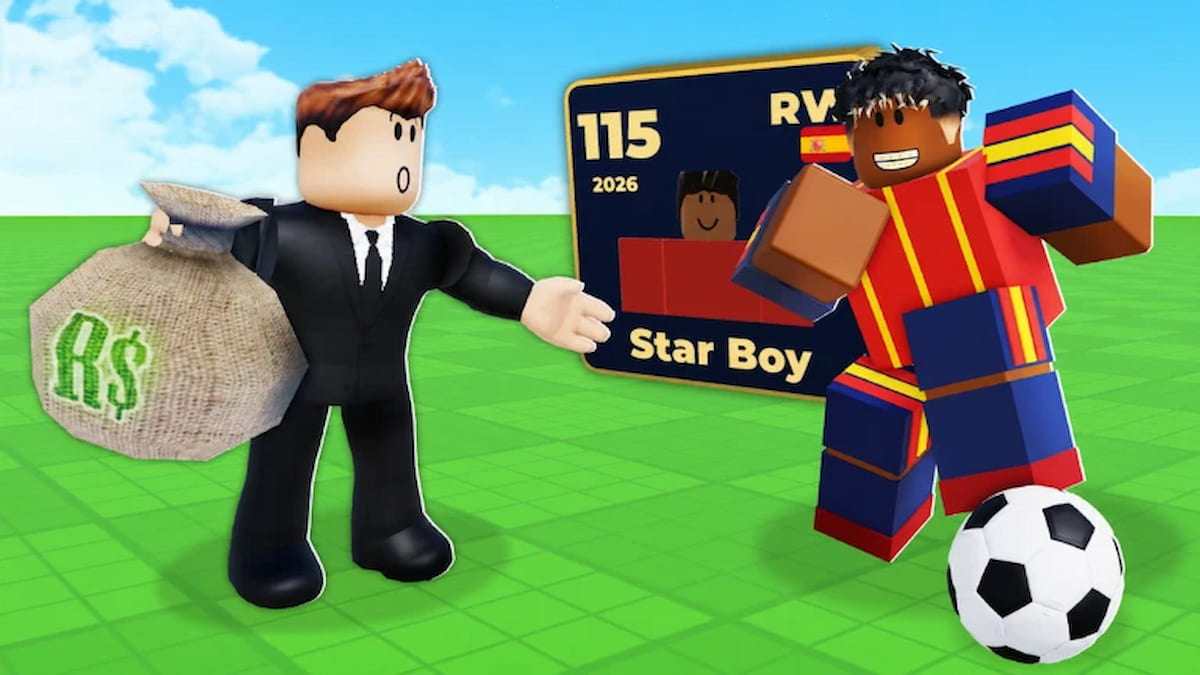 Make Soccer Players Roblox artwork showing a businessman with a money bag offering cash to a soccer player standing beside a ball