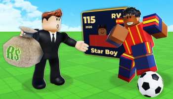 Make Soccer Players Roblox artwork showing a businessman with a money bag offering cash to a soccer player standing beside a ball