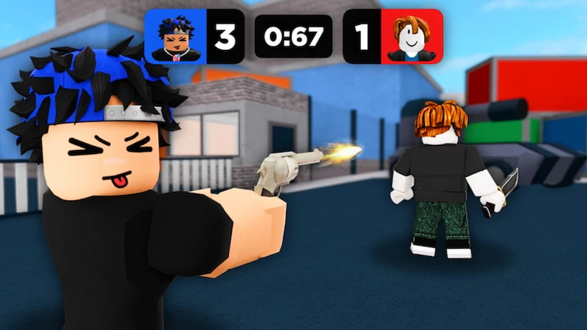 Murder Mystery DUELS artwork depicting two player avatars in a 1v1 gunfight