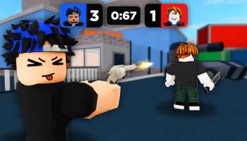Murder Mystery DUELS artwork depicting two player avatars in a 1v1 gunfight