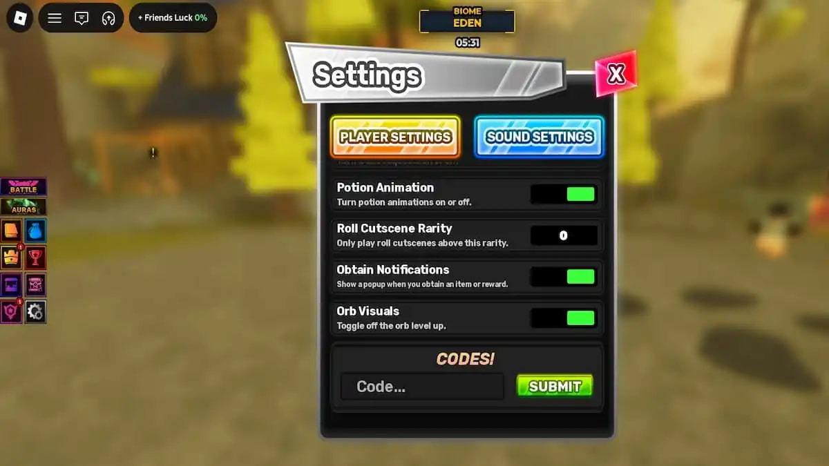 How to redeem codes in Unscathed RNG