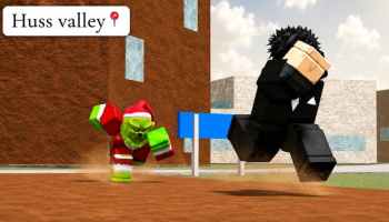 Roblox Escape Huss Valley featured artwork depicting the player avatar running away from the Grinch avatar