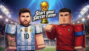 Start Your Soccer Career game logo and artwork featuring Roblox depictions of Messi and Ronaldo