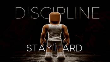 Stay Hard Run Roblox artwork showing a muscular player character standing in a dark arena beneath the words “Discipline” and “Stay Hard.”