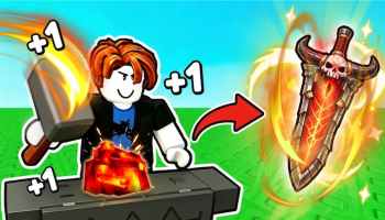 +1 Loot To Forge game artwork showing a Roblox character forging glowing ore into a powerful flaming sword.