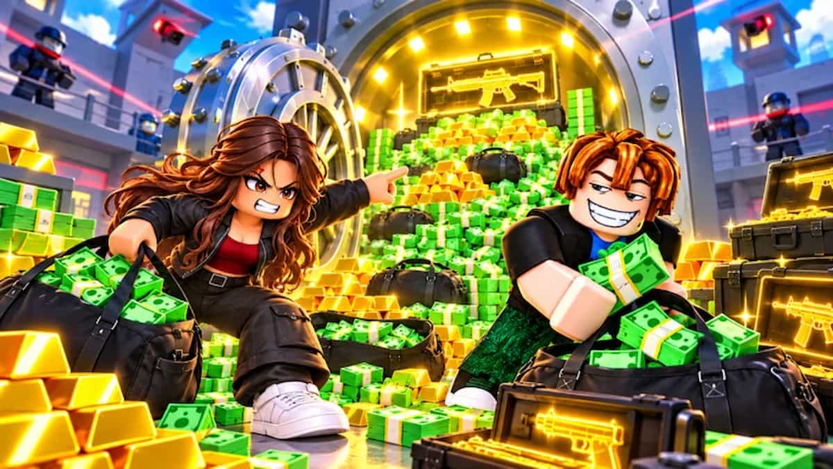 2 Player Raid Tycoon game artwork showing two Roblox characters looting stacks of cash and gold from an open bank vault guarded by armed security.