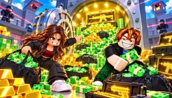 2 Player Raid Tycoon game artwork showing two Roblox characters looting stacks of cash and gold from an open bank vault guarded by armed security.