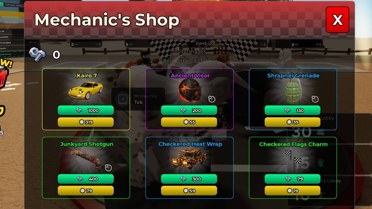 All Mechanic's Shop rewards and prices in A Dusty Trip