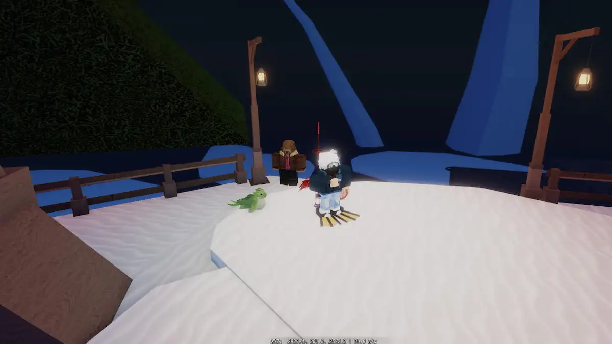 An NPC standing at the Snowcap Island in Fisch