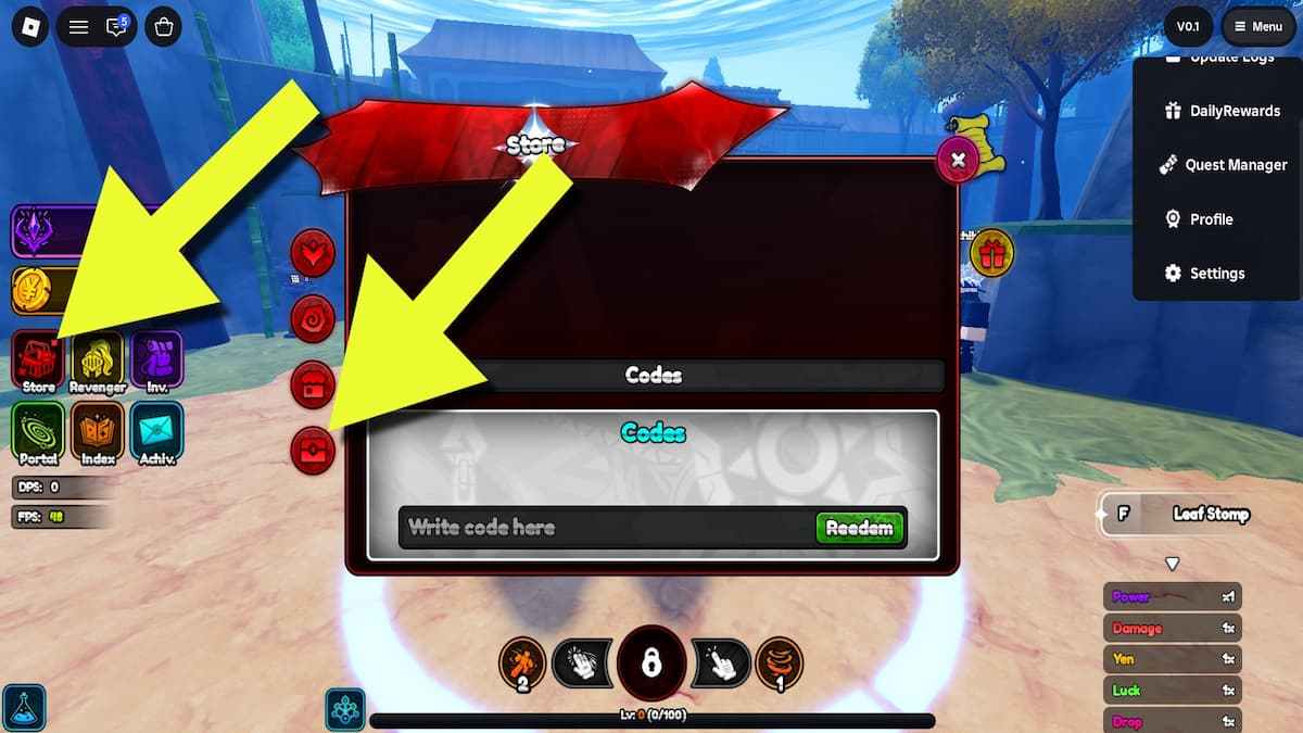 Anime Revengers codes section inside the store menu
