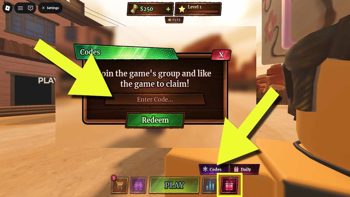 Quickdraw code redemption pop-up window with yellow arrows pointing to the codes button and the codes text box
