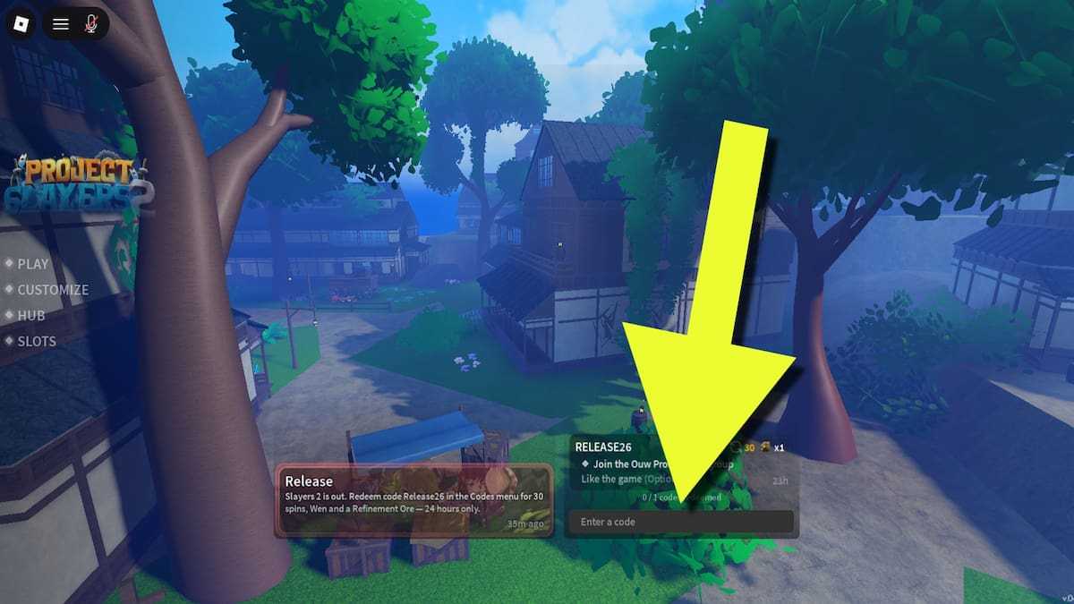 Slayers 2 code redemption window at the bottom of the screen with a yellow arrow showing where to input codes