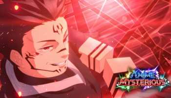 Anime Mysterious game artwork showing a tattooed anime fighter surrounded by intense red energy effects, with the Anime Mysterious logo in the corner.