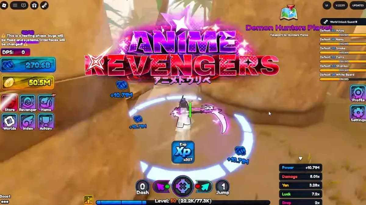 Anime Revengers game screenshot showing a player battling enemies in a desert area, with the Anime Revengers logo displayed prominently in the center.