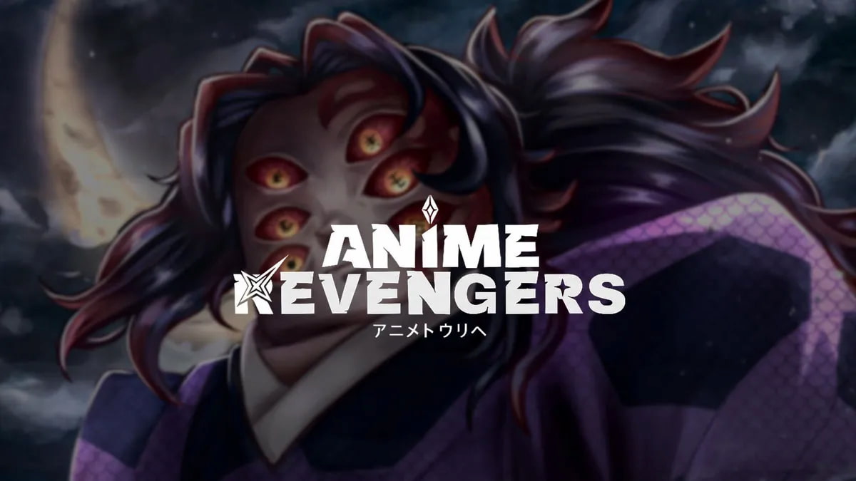 Anime Revengers game artwork showing a menacing multi-eyed anime character in the background, with the Anime Revengers logo centered in front.