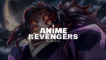 Anime Revengers game artwork showing a menacing multi-eyed anime character in the background, with the Anime Revengers logo centered in front.