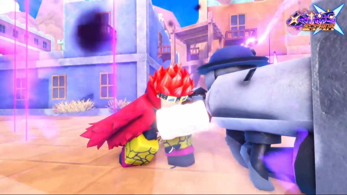 Anime Star X gameplay screenshot showing a red-haired Roblox character fighting an enemy with glowing purple energy effects in a colorful city.