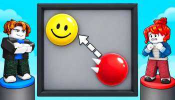 Ball VS Ball game artwork showing two Roblox players facing off beside a yellow smiley ball and a red spiked ball inside a battle arena.
