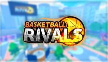 Basketball Rivals logo featuring bold orange, white, and black lettering with a glowing basketball over a blurred city court background.