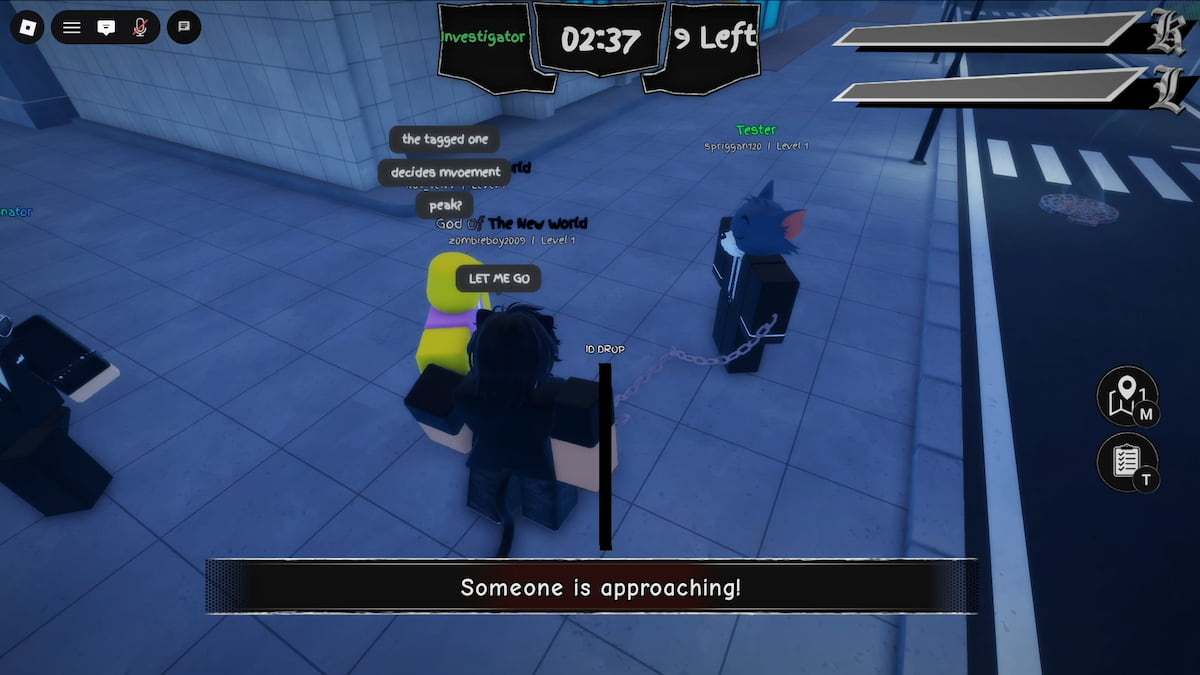BloxNote gameplay screenshot showing Roblox players gathered on a city street during an investigation round, with one character restrained by a chain as a warning says someone is approaching.