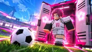 Blue Lock Farm game artwork showing an anime-inspired Roblox soccer player stepping out of a glowing pink locker onto the field beside a soccer ball.