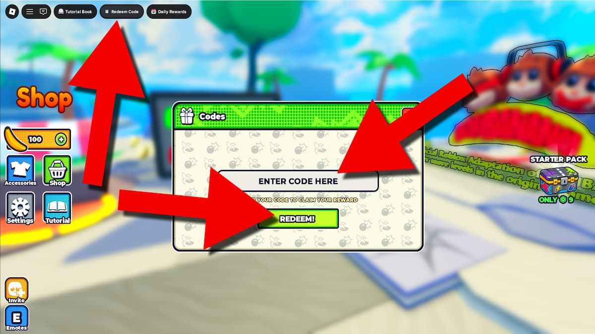 BOMBANANA! game screenshot showing the Redeem Code menu, with arrows pointing to the Redeem Code button, code entry field, and Redeem button.