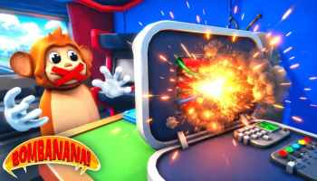 Cartoon monkey reacts as an open vault explodes, with the Bombanana logo in the bottom-left corner.