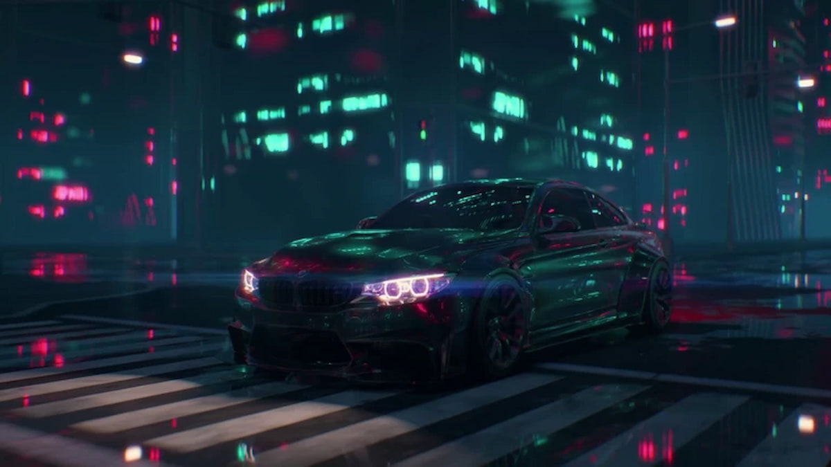 Dream Car Collection game artwork showing a sleek black sports car parked on a rain-soaked city street illuminated by neon lights.