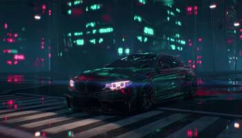 Dream Car Collection game artwork showing a sleek black sports car parked on a rain-soaked city street illuminated by neon lights.