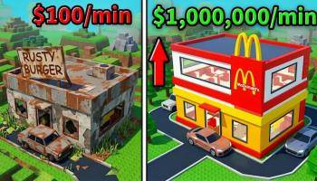 Drive Thru Empire game artwork comparing a rundown burger restaurant earning $100 per minute with a fully upgraded fast-food restaurant earning $1,000,000 per minute.