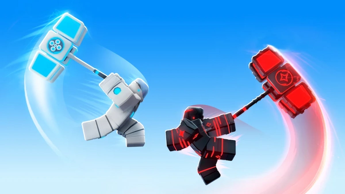 Encounters Smash Battles featured image showing two Roblox fighters swinging oversized blue and red hammers at each other against a bright sky.