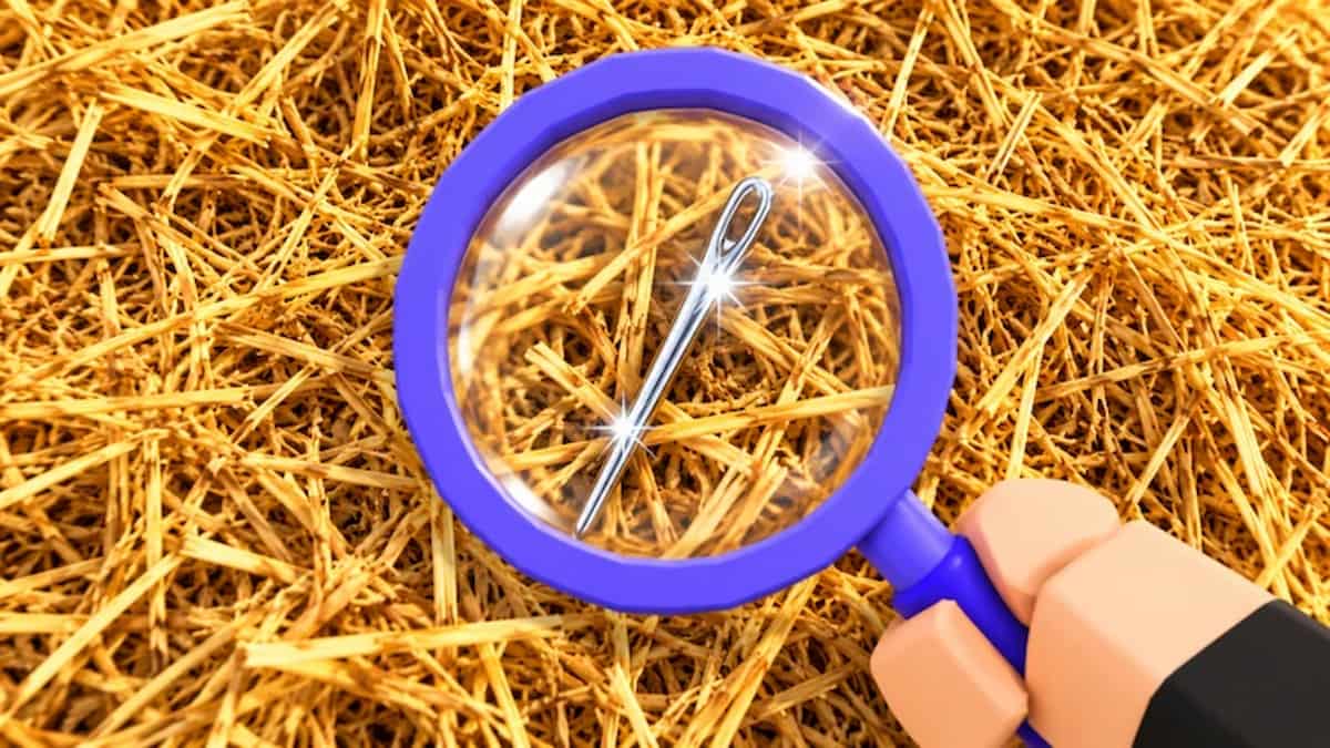 Find the Needle featured image showing a magnifying glass revealing a shiny sewing needle hidden among a pile of hay.