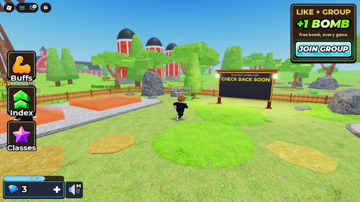 Find the Needle gameplay screenshot showing a Roblox player exploring a bright farm area with barns, trees, rocks, and an event board.
