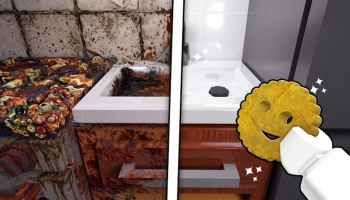 Flip a House game artwork showing a filthy, decaying bathroom before renovation beside a sparkling clean version after restoration.
