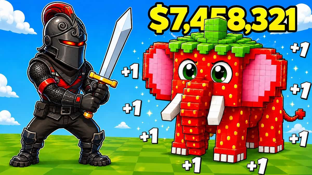 Fortnite +1 Escape a Brainrot artwork showing a black-armored character with a sword beside a blocky red elephant made of strawberries, with cash and +1 symbols in the background.