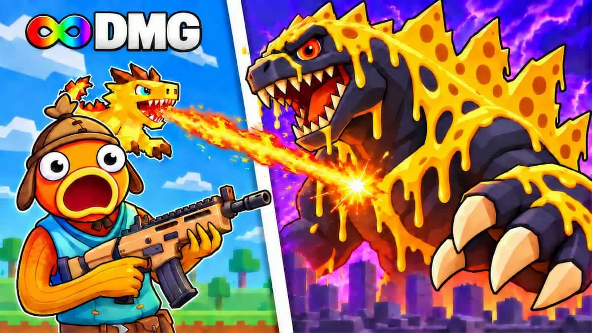 Fortnite Beat The Brainrot artwork showing an armed cartoon fish facing a giant cheese-covered Brainrot monster breathing fire.
