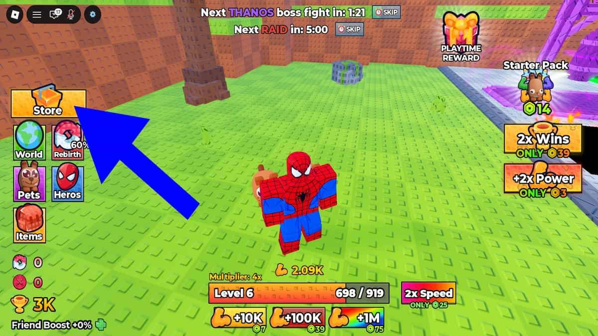 Arrow pointing to the +1 Superhero Evolution store button.