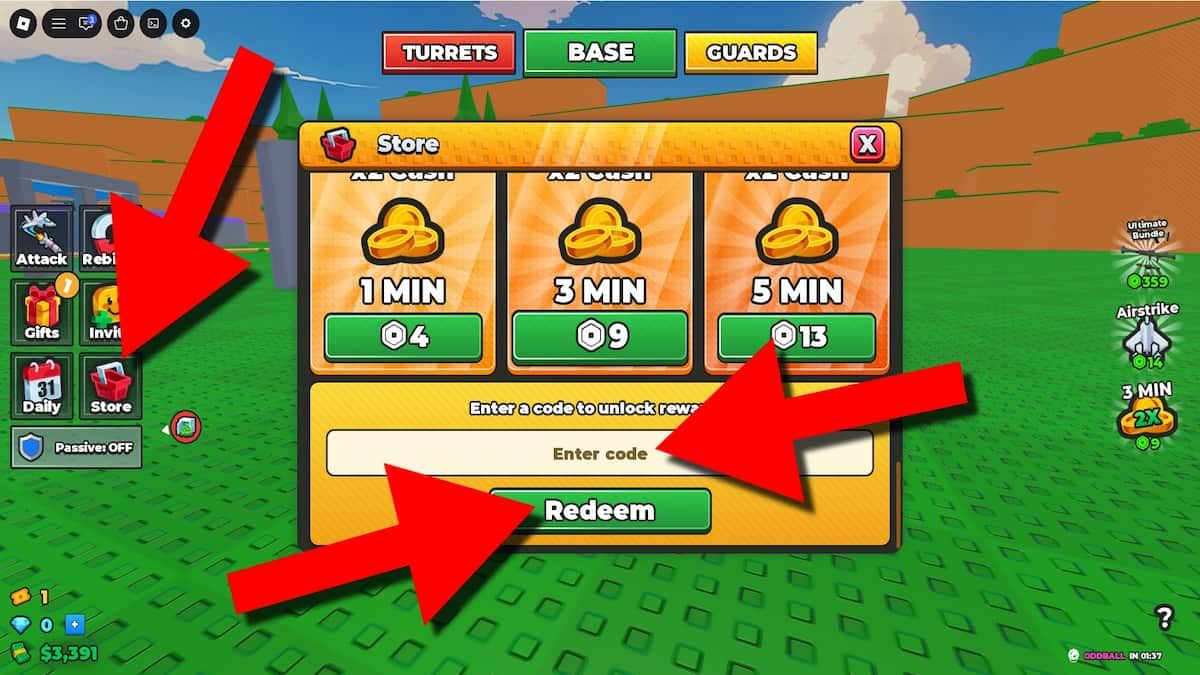 2 Player Raid Tycoon game screenshot showing the Store menu, with red arrows pointing to the Store button, code entry field, and Redeem button.