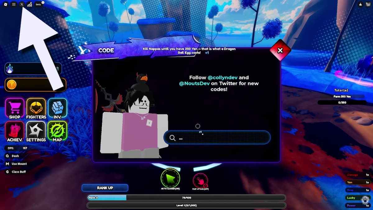 Arrow pointing to the Anime Heaven codes button.