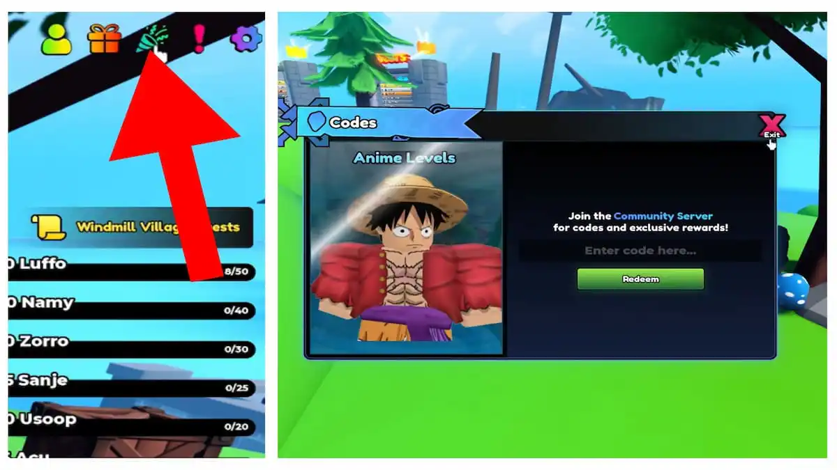 An image collage of a picture showing an arrow pointing to the Anime Levels code system and an image showing the codes pop-up window