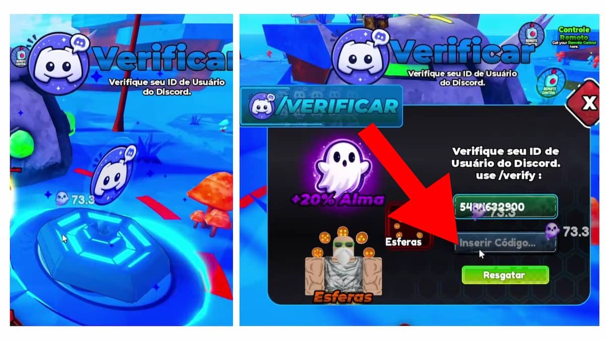 Arrow pointing to the Discord Verification menu in Anime Soulborn
