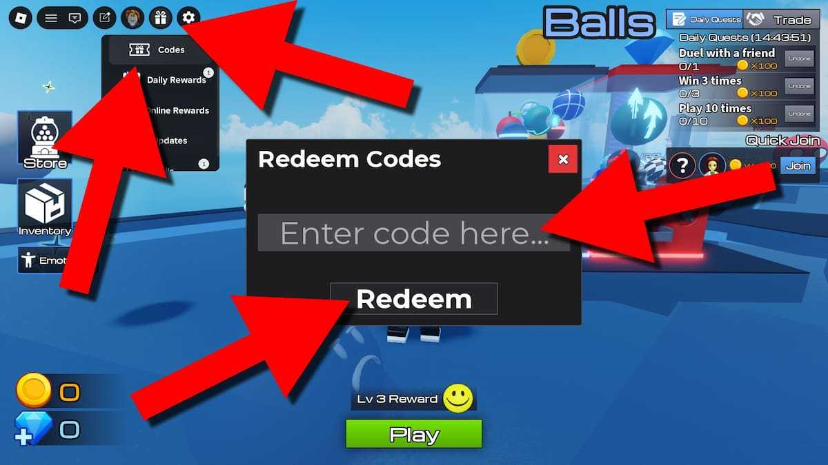 Ball VS Ball game screenshot showing how to redeem codes, with red arrows pointing to the Settings menu, Codes option, code entry field, and Redeem button.