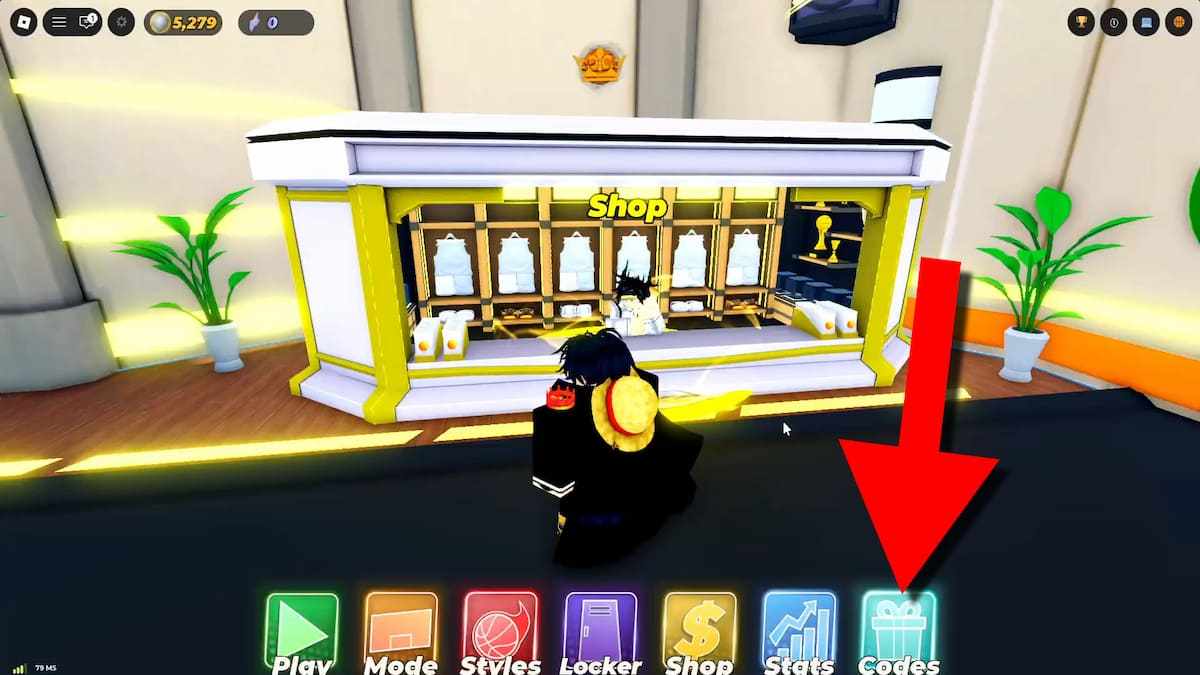 Basketball Rivals codes redemption screenshot showing a Roblox player inside the lobby, with the Codes button highlighted by a red arrow.
