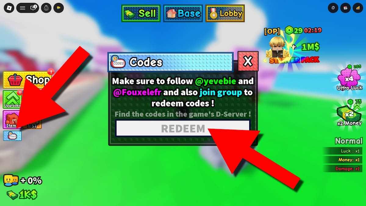 Beat the Anime Boss codes redemption screen showing the Codes button and Redeem field highlighted with red arrows.