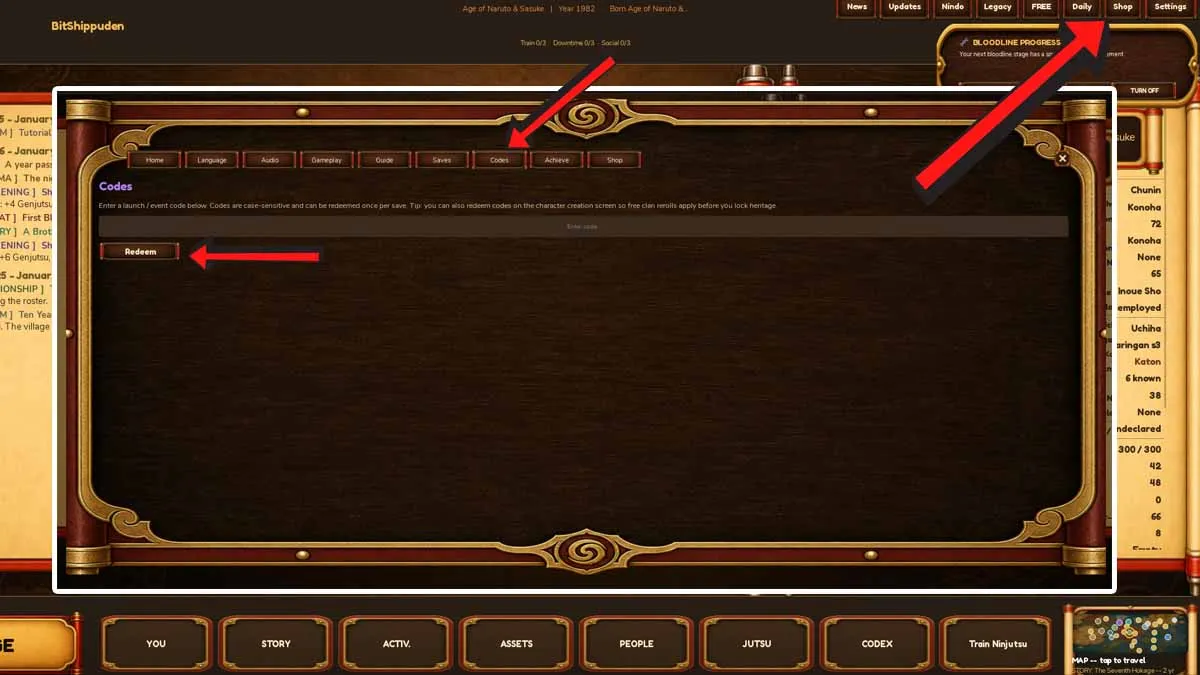 BitShippuden Codes Redemption System inside the Shop menu