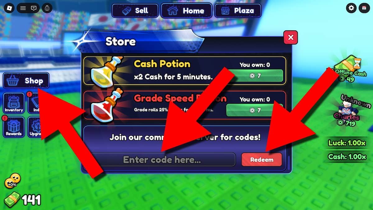 Blue Lock Farm game screenshot showing how to redeem codes, with red arrows pointing to the Shop button, code entry field, and Redeem button.