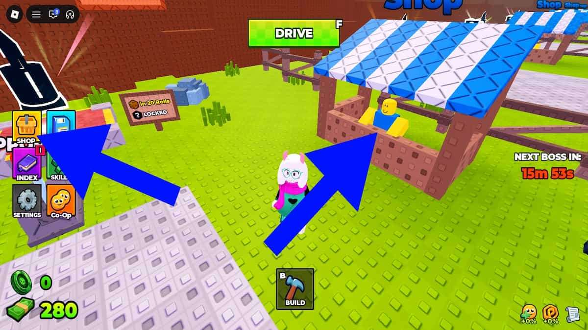 Arrows pointing to the Shop button and Shop stall in Build and Kill Zombies