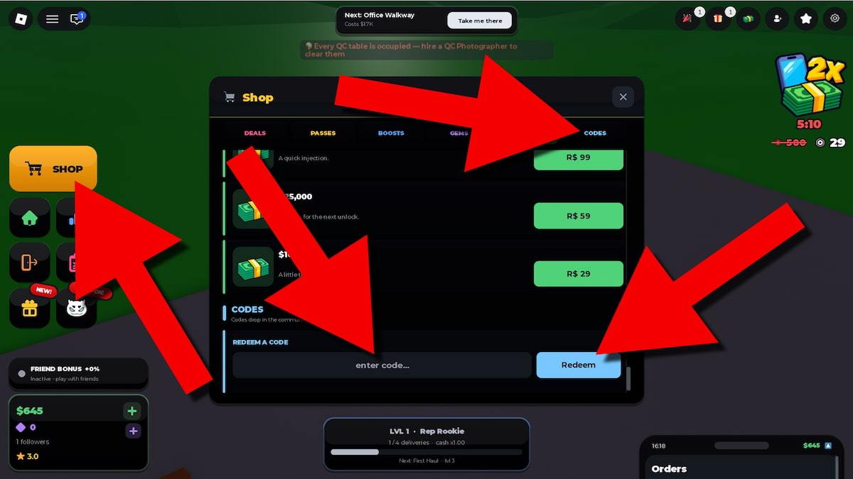 Chinaside Tycoon game screenshot showing the Shop menu’s Codes section, with red arrows pointing to the Shop button, code entry field, and Redeem button.