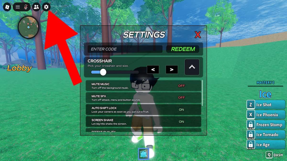 Arrow pointing to the Devil Fruit Arena settings button.
