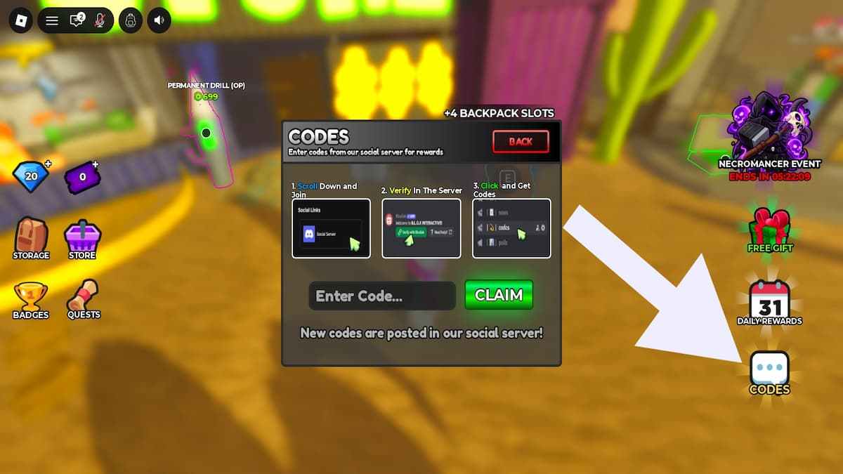 Arrow pointing to the Dig and Survive codes button.